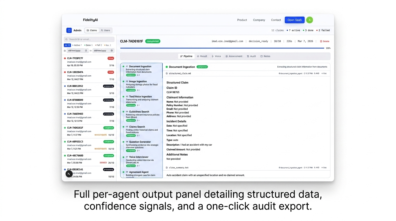 FidelityAI per-agent output panel with structured data and a one-click audit export
