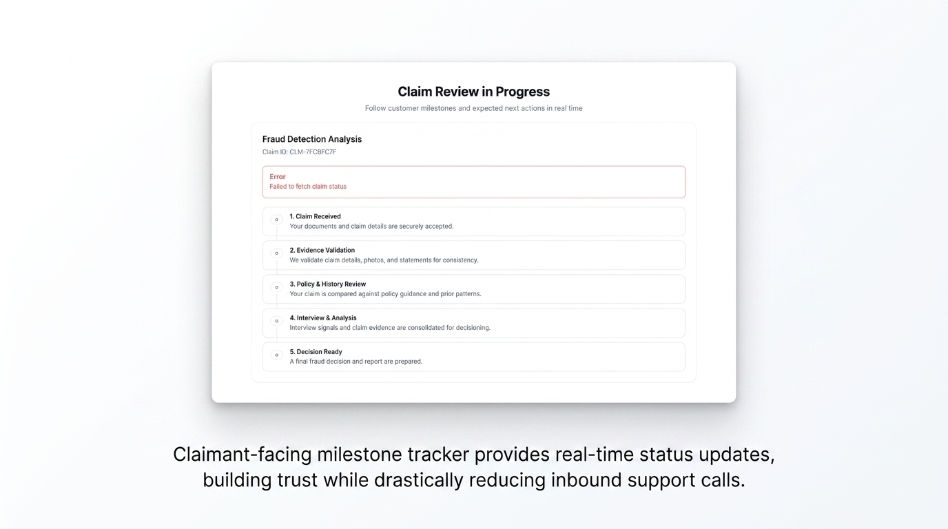 Claimant-facing milestone tracker showing real-time claim review status